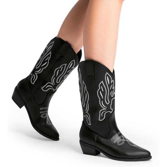 Women's Black-PU Mid Calf Western Embroidery Stitched Faux Leather Cowgirl Boots - Picture 6 of 7
